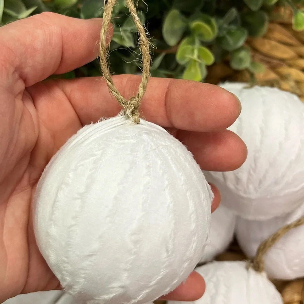 10 Snow White snowballs rag balls Christmas tree ornaments farmhouse bowl filler